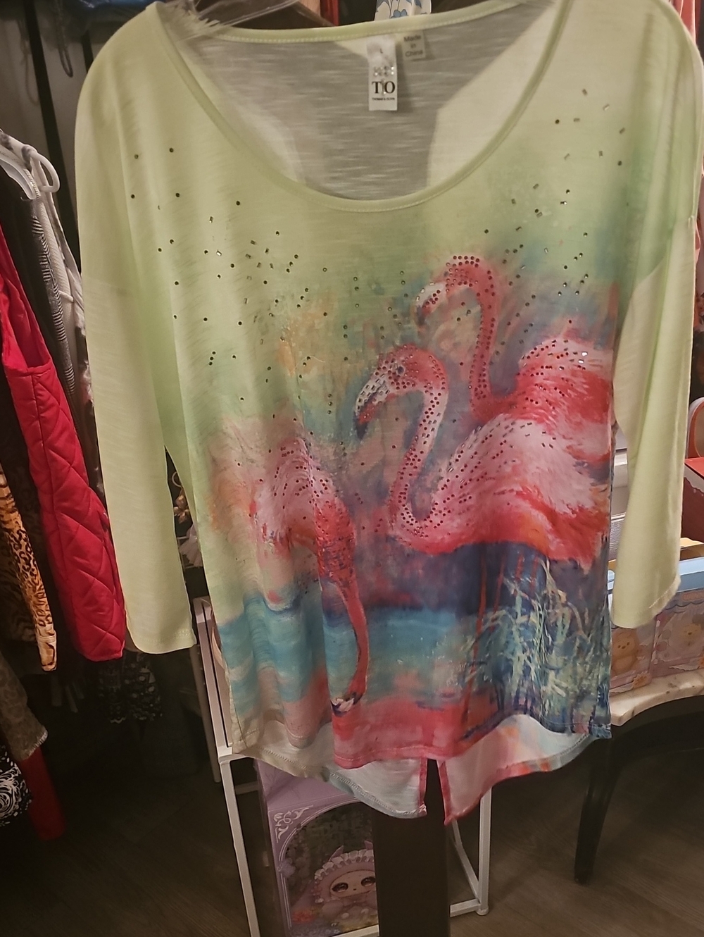 t/o Light Green Flamingo Print Long Sleeve Tee